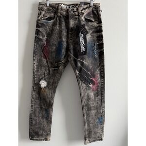 NormCore Mens Grunge Acid Wash‎ Painted Distressed Jeans Black 32x32